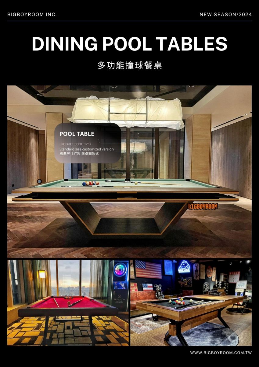 多功能撞球桌餐桌 您是否曾經萝想過一個集娛樂和美食於一身的完美場所？現在，萝想成真了！一張全新多功能撞球桌兼餐桌，為您帶來無盡的樂趣和便利。白天，它是一張優雅的餐桌， 為您和家人提供溫馨的聚餐環境。晚上，只需幾個簡單的步驟，它即刻變身為一個引人入勝的撞球桌，讓您盡情挑戰技巧，與朋友一較高下！這款多功能撞球桌兼餐桌不僅僅是一件家具，更是您家中的亮點和必備品。不論是家庭聚會、朋友聚餐還是休閒 娛樂，它都能滿足您的需求，成為您生活中不可或缺的一部分。 尺寸是設計的關鍵之一，我們的常規尺寸為210*100*75cm，確保符合常規餐桌比例，方便一般電梯及樓梯運送。如果您需要更大尺寸或符合正常撞球桌的尺寸， 我們可訂製各種尺寸，提供最理想的解決方案，確保完全符合您的期望。期待與您共同打造完美的家庭娛樂空間！ 我們提供綠色以及紅色的正規球桌布，以及多種顏色的絨布， 雖然绒布材質與常規球桌布略有不同，但在客製化中得到了廣泛接受。由於部分客戶更注重球桌與整體空間的撘配美觀，因此顏色選擇更為靈活。 如果您有自己喜歡的布料，我們也可以根據您的要求進行訂製。  我們的服務不僅受到國際級連鎖酒店、攻項小巨蛋的頂流男星、上市建設公司董事長、知名航空公司機長、上市前10建設公司、台北市某國立大學、帥氣G-Car 企業家以及上市公司企業總部的青睞，更因為我們與他們一樣擁有著奢華浪漫的理念而感到自豪。」 為了滿足市場上各種設計需求，我們提供四種方案1.POOLTABLE撞球桌 2.PINGPONG兵乓球桌 3.POOL DINING TABLE撞球桌餐桌 4.3WAY撞球桌乒乓球餐桌 每個設計方案都是由我們團隊精心打造，根據客戶的需求和市場超势而誕生。無論是用於佳宅、大廳、酒店還是娛樂室，我們都能為您提供最適合的解決方案，確保您的設計構想得以完美實現