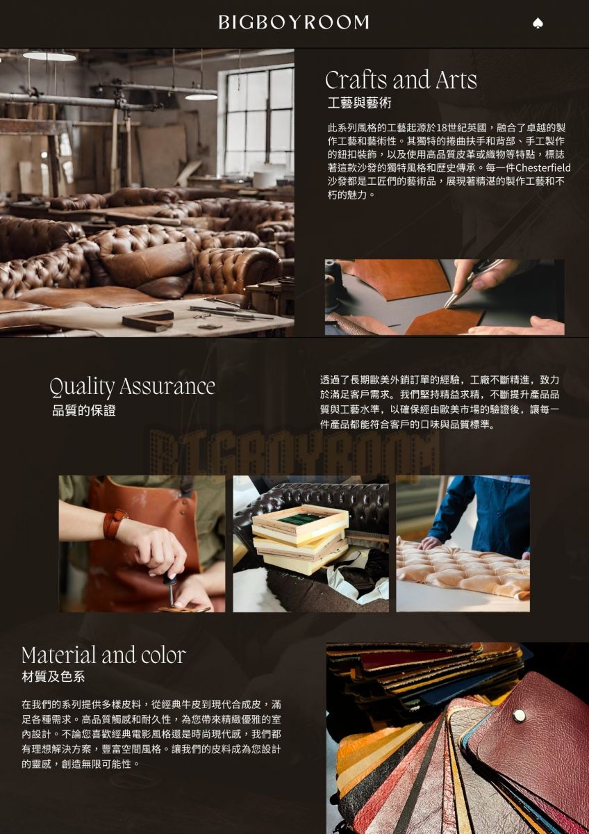 Crafts and Arts 工藝與藝術 此系列風格的工藝起源於18世紀英國，触合了卓越的製作工藝和藝術性。其獨特的捲曲扶手和背部、手工製作的鈕扣裝飾，以及使用高品質皮革或織物等特點，標誌著這款沙發的獨特風格和歷史傳承。每一件 Chesterfield沙發都是工匠們的藝術品，展現著精湛的製作工藝和不朽的魅力。  透過了長期歐美外銷訂單的經驗，工廠不斷精進，致力於滿足客戶需求。我們堅持精益求精，不斷提升產品品質與工藝水準，以確保經由歐美市場的驗證後，讓每一件產品都能符合客戶的口味與品質標準。  Material and color 材質及色系 在我們的系列提供多樣皮料，從經典牛皮到現代合成皮，滿足各種需求。高品質觸感和耐久性，為您帶來精緻優雅的室內設計。不論您喜歡經典電影風格還是時尚現代感，我們都有理想解決方案，豐富空間風格。讓我們的皮料成為您設計的靈感，創造無限可能性。