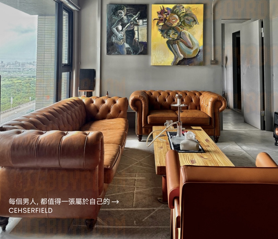 新北五股｜美國綠建築師私宅Modern Man：Chesterfield classic Style C 全牛皮沙發 ，淺棕，247×97×76cm，巴西半苯染頭層牛皮