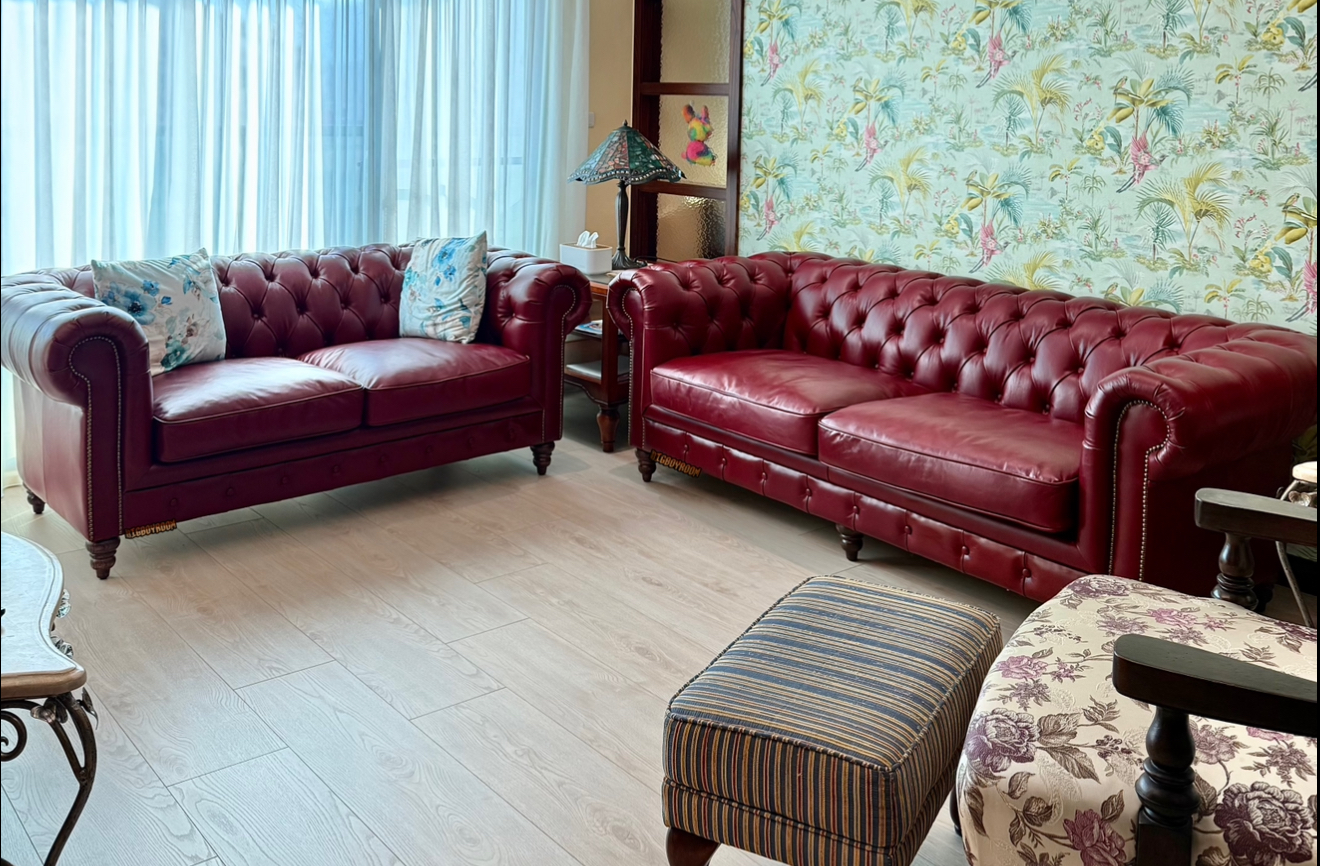 新北新店｜江陵春私宅：Chesterfield Style C 系列，全牛皮，Burgundy Red勃根地酒紅沙發