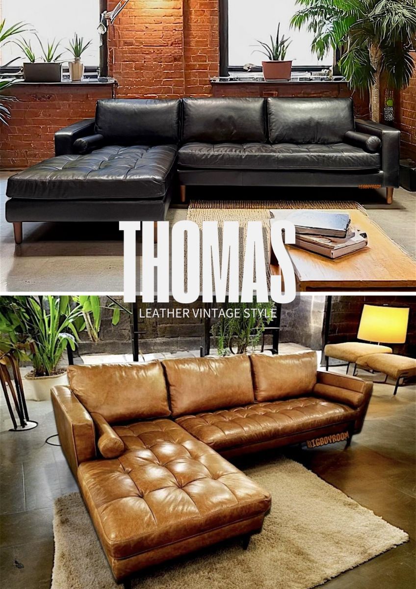 BigBoyRoom 經典 Thomas L 型全牛皮沙發款式介紹,提供極致黑與復古棕雙色選擇,結合美式拉扣坐墊與半苯染工藝,完美融入 Loft 工業風與 Vintage 復古居家空間。