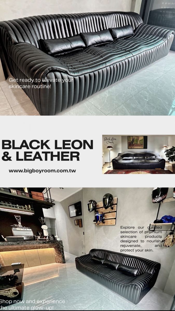 BigBoyRoom 商業空間軟裝案例,BLACK LEON 極致黑半苯染全牛皮沙發。經典復古跑車直條壓紋設計,完美融入台中西屯精品咖啡招待所,展現重機玩家專屬的 Man Cave 頂級質感。